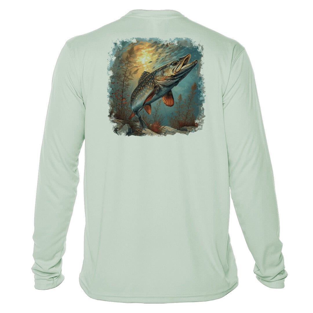 UPF 50+ sun protection fishing shirt featuring a Northern Pike illustration, perfect for anglers and.