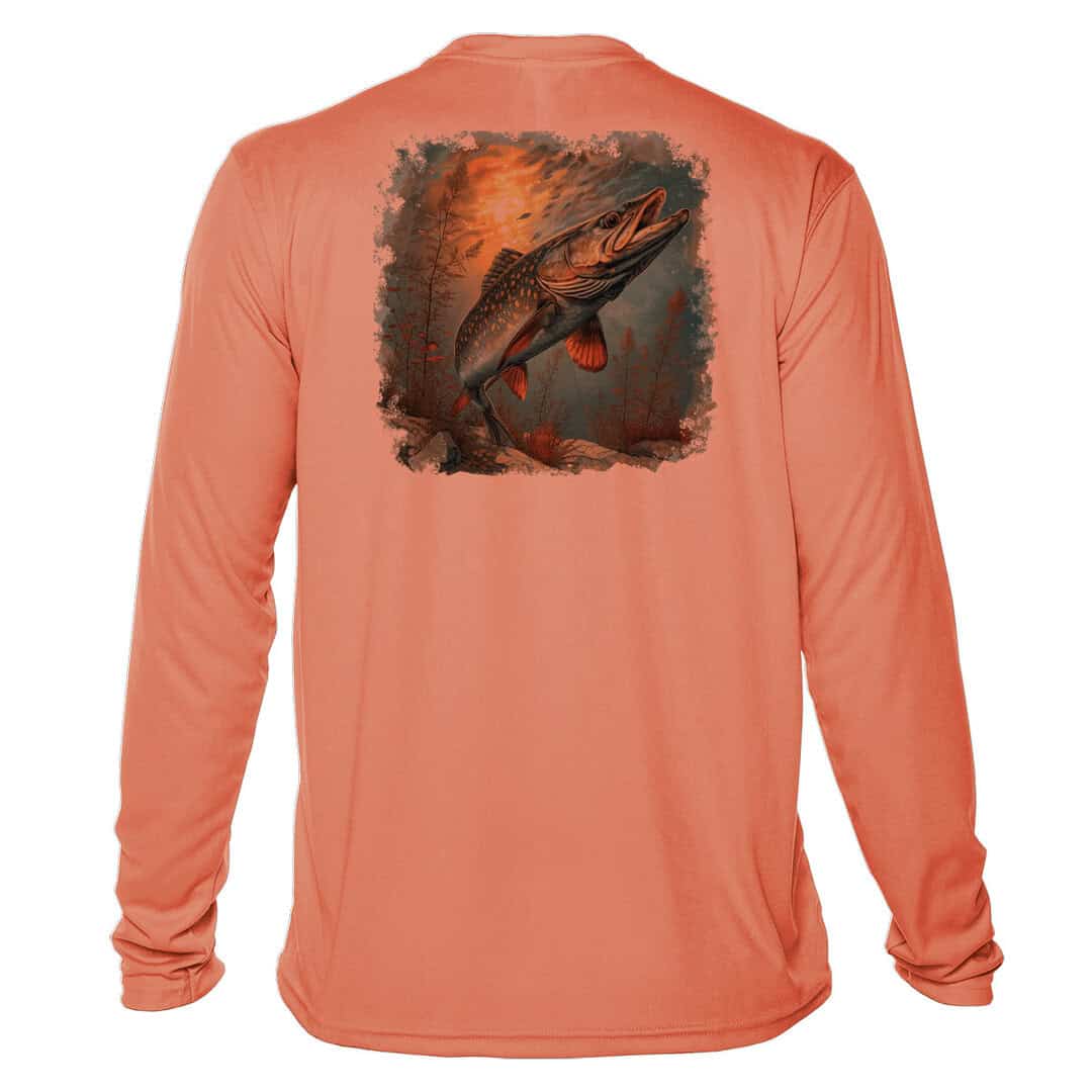 High-quality fishing shirt with Northern Pike design, UPF 50+ sun protection, perfect for anglers.