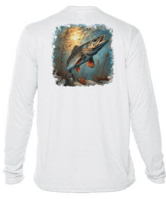 Northern Pike fishing shirt with UPF 50+ sun protection, perfect for anglers.