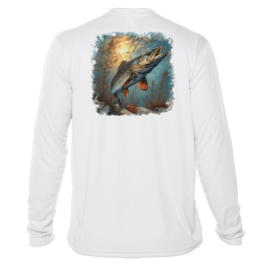 Northern Pike fishing shirt with UPF 50+ sun protection, perfect for anglers.