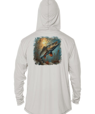 Northern Pike fishing hoodie with UPF 50+ in Pearl Grey, perfect for anglers.