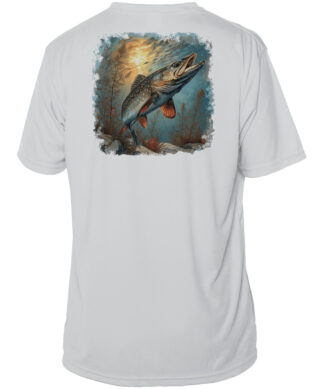 Brightly colored fishing shirt featuring a Northern Pike illustration for anglers.