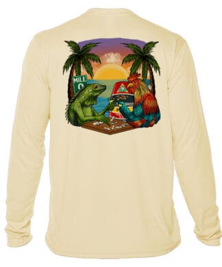 UPF 50+ long sleeve sun shirt featuring colorful domino-themed design with palm trees and sunset, pe.