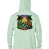UPF 50+ hoodie featuring a colorful domino design with tropical elements, perfect for sun protection.