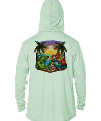 UPF 50+ hoodie featuring a colorful domino design with tropical elements, perfect for sun protection.