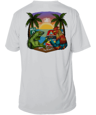 UPF 50+ short sleeve Key West sun shirt featuring dominos, palm trees, and tropical motifs in Pearl.