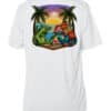 Brightly colored graphic of a gecko and a rooster playing dominos on a tropical beach scene.