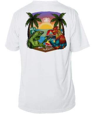 Brightly colored graphic of a gecko and a rooster playing dominos on a tropical beach scene.