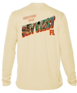 UPF 50+ long sleeve shirt featuring "Greetings from Key West" with colorful Florida design. Perfect.