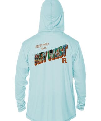 UPF 50+ Key West hoodie with colorful postcard design, perfect for sun protection.