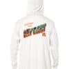 White UPF 50+ hoodie with "Greetings from Key West FL" print, perfect for sun protection.