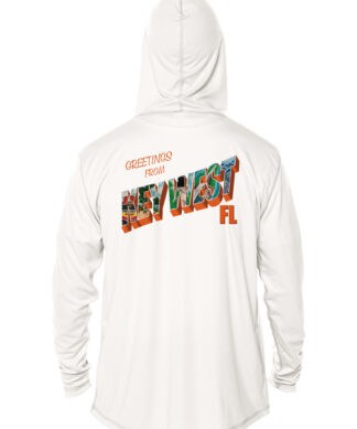 White UPF 50+ hoodie with "Greetings from Key West FL" print, perfect for sun protection.