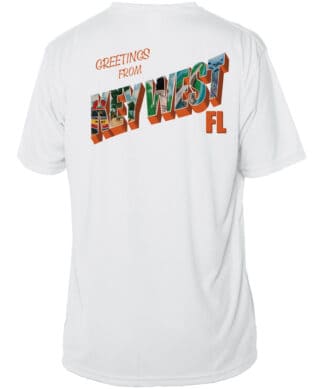 Bright Key West Sun Shirts with colorful postcard design, UPF 50+ protection, perfect for sunny beac.