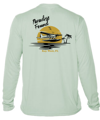 Seaplane graphic on light green long sleeve UPF 50+ shirt, perfect for sun protection in Key West.