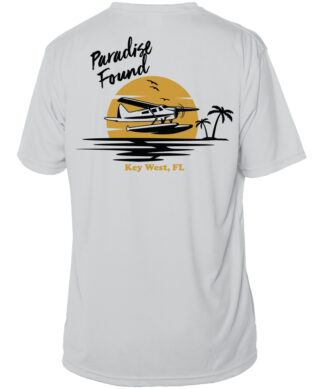 Key West Sun Shirts with seaplane and palm tree design, UPF 50+ short sleeve, Pearl Grey, XS.
