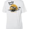 White Key West sun shirt featuring a seaplane and palm tree design, UPF 50+ protection, short sleeve.