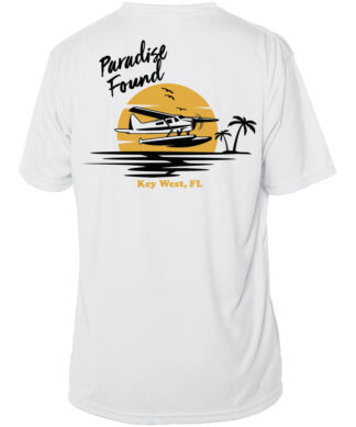 White Key West sun shirt featuring a seaplane and palm tree design, UPF 50+ protection, short sleeve.