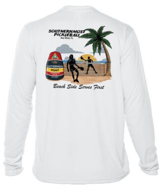 Long sleeve UPF 50+ white sun shirt with Southernmost Pickleball design.