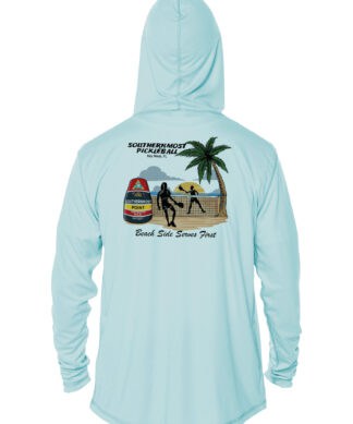 Hoodie with Southernmost Pickleball and Bouy graphic, UPF 50+ sun protection.