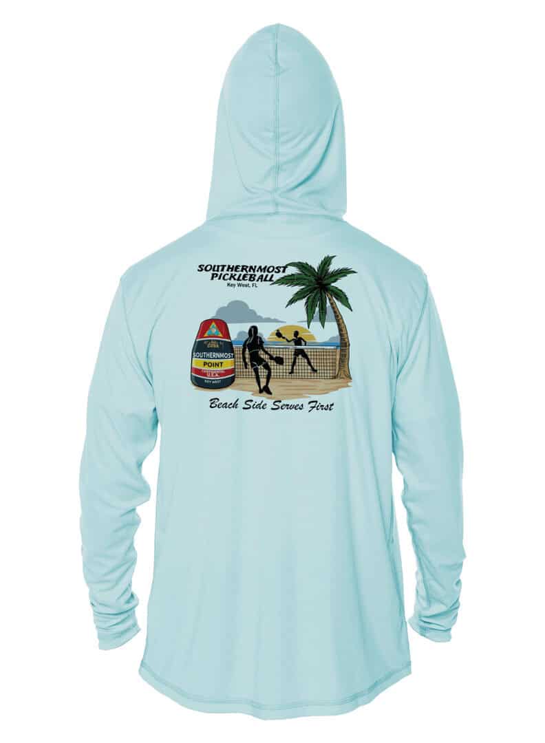 Hoodie with Southernmost Pickleball and Bouy graphic, UPF 50+ sun protection.