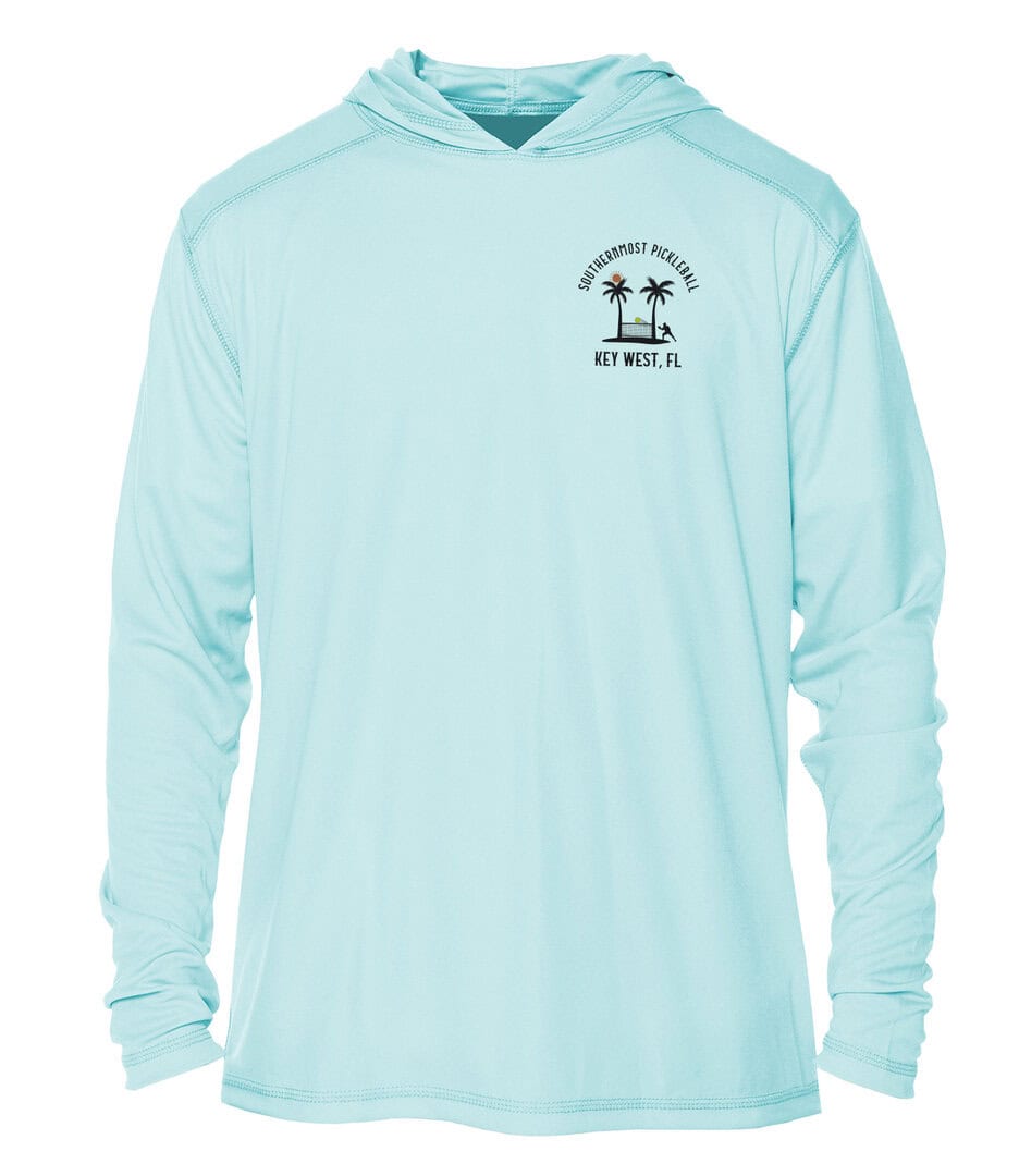 Light blue hoodie with Key West Sun Shirts logo and palm tree design.