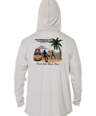 Hooded UPF 50+ hoodie with pickleball scene and palm tree, perfect for sun protection.