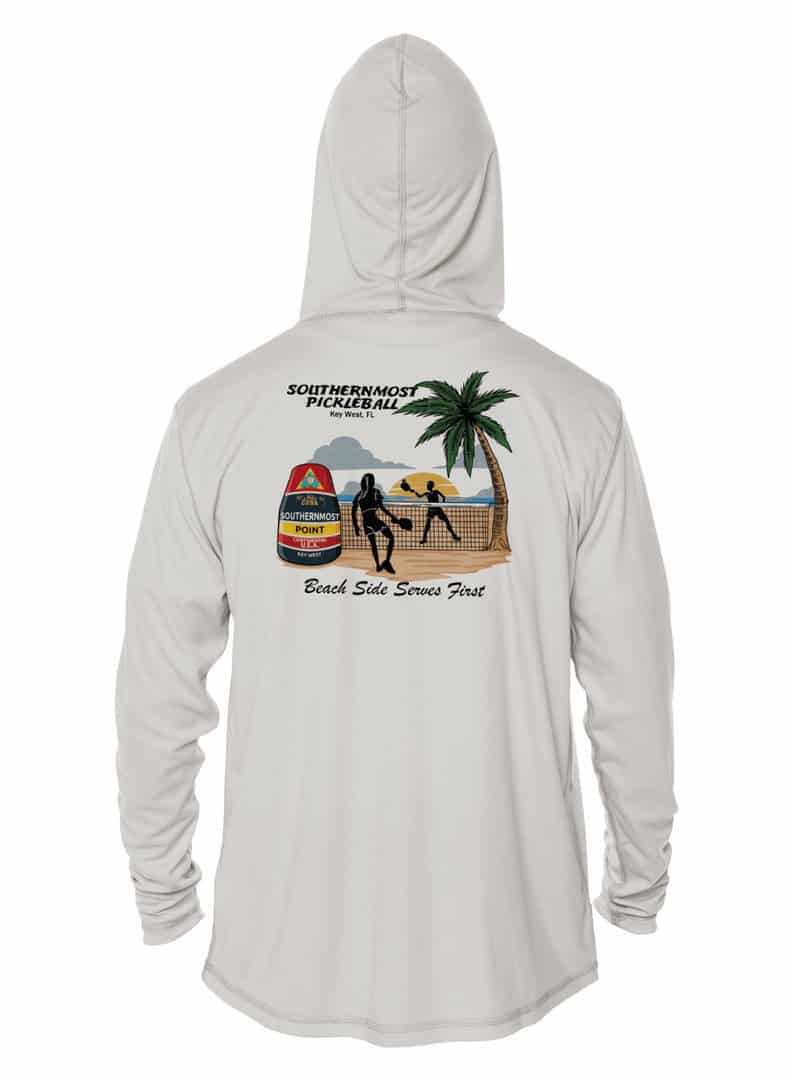 Hooded UPF 50+ hoodie with pickleball scene and palm tree, perfect for sun protection.