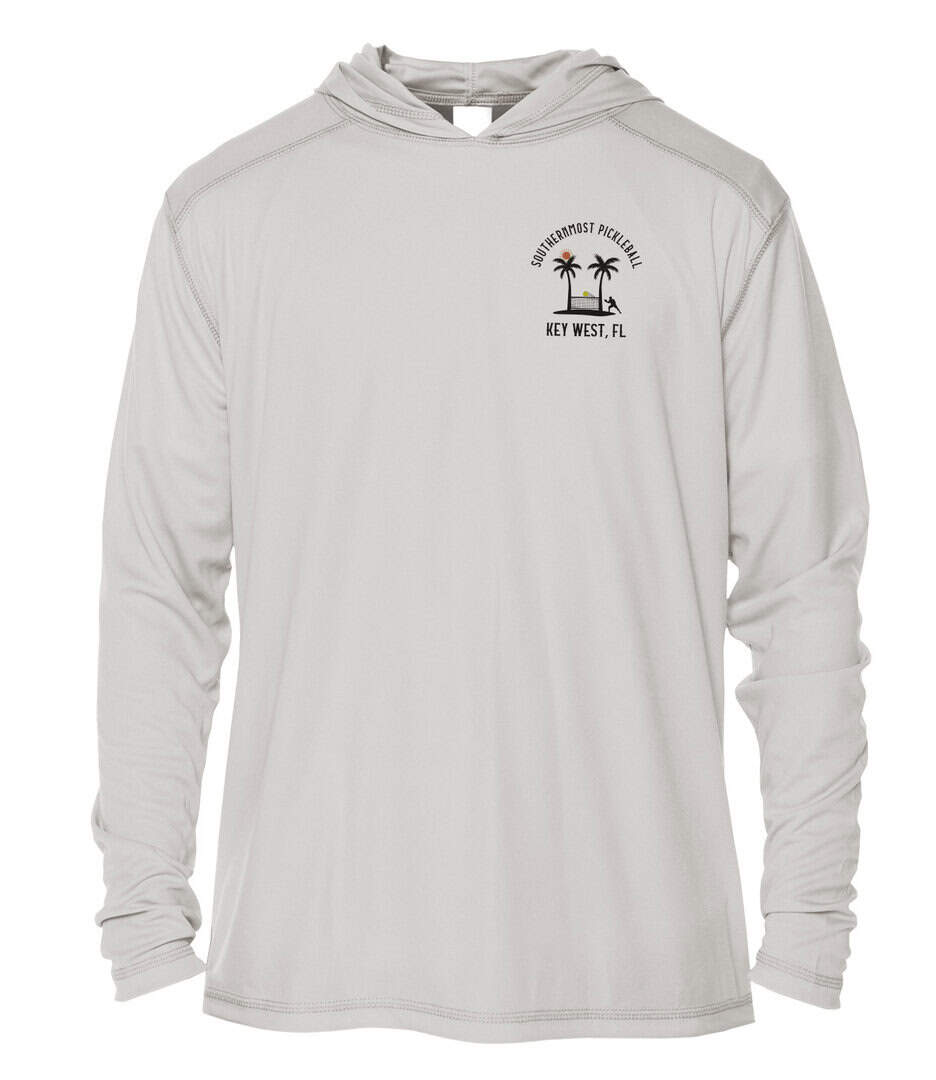 Hooded sweatshirt with Key West Sun Shirts logo and palm tree design. Perfect for sunny Florida days.