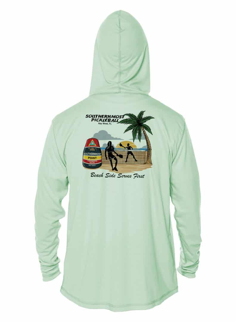 UPF 50+ hoodie with Southernmost Pickleball and Bouy design in Seagrass.