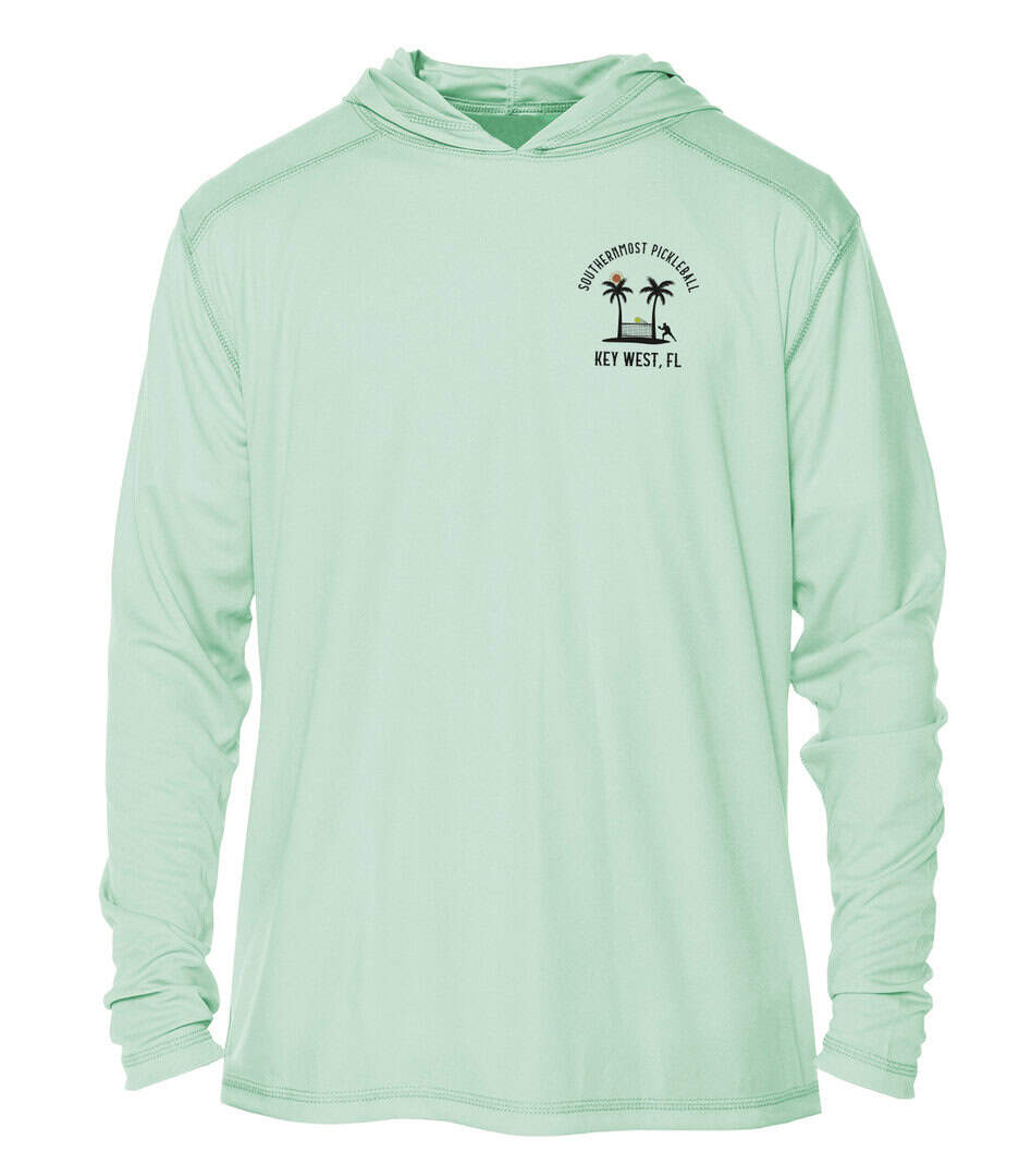 Hooded sweatshirt with Key West Sun Shirts logo and palm tree design.