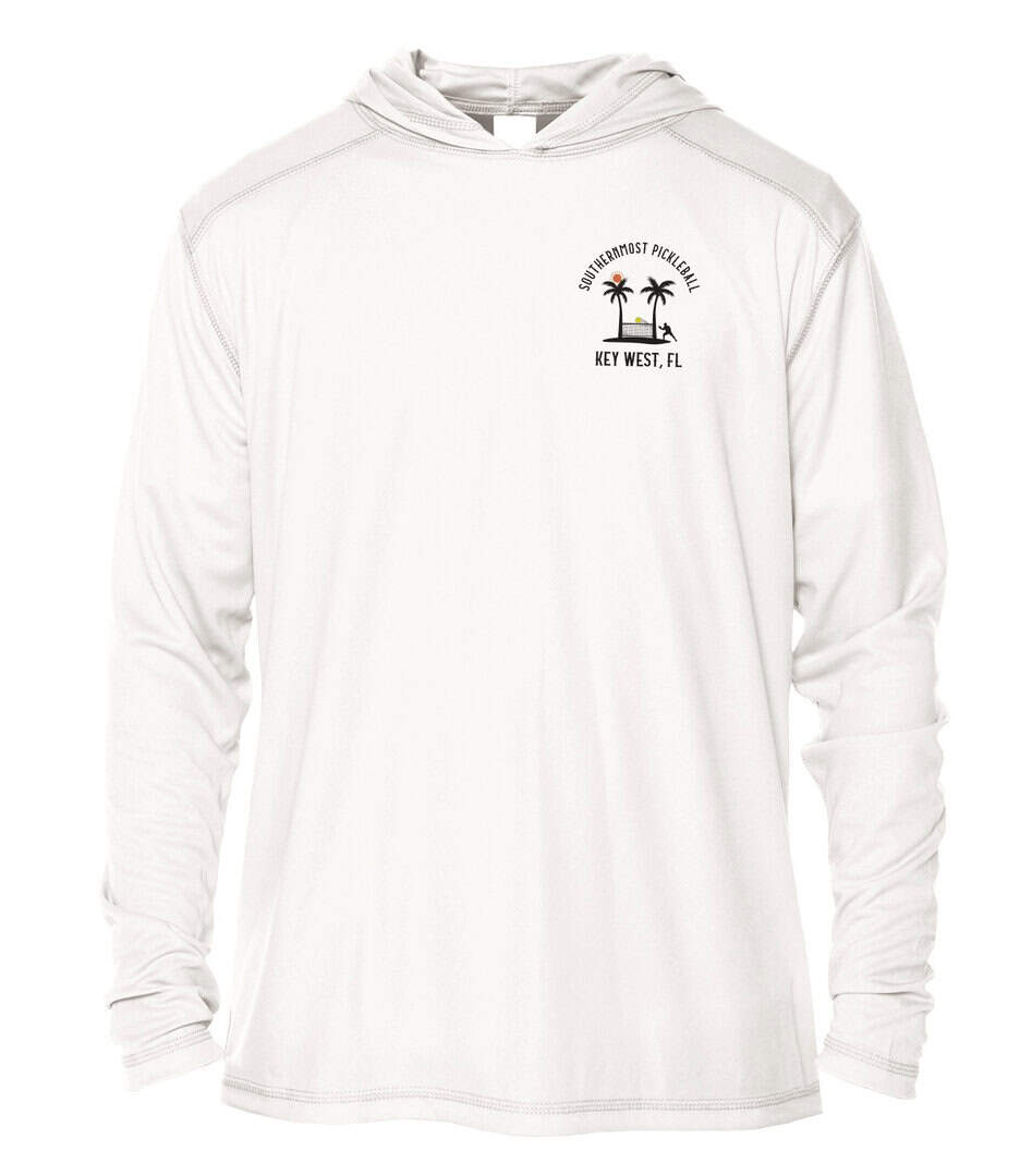 White sun protection hoodie with Key West palm tree logo and SPF 50+.