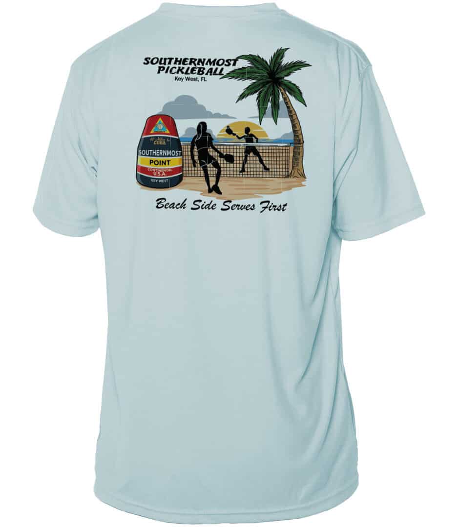 Arctic Blue UPF 50+ short sleeve pickleball shirt with beach scene design.