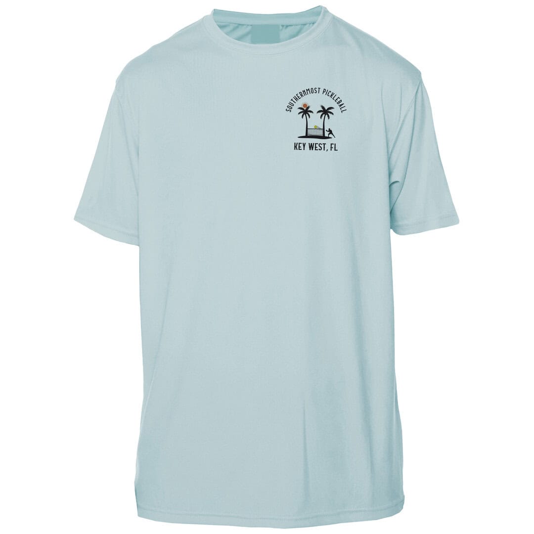Light blue sun shirt with Key West sun logo and palm trees, perfect for sunny beach days.