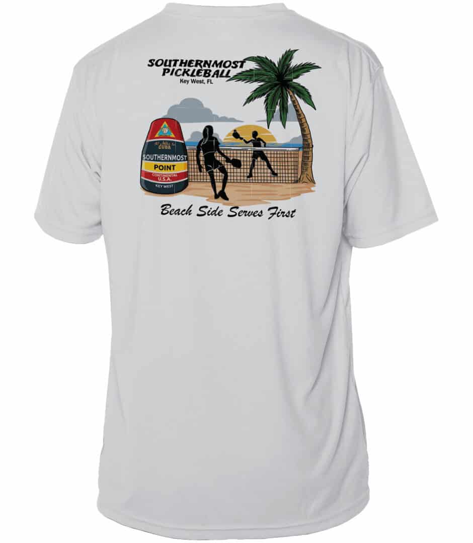 Pickleball shirt with Southernmost Bouy and palm tree design, UPF 50+ sun protection, Pearl Grey, XS.
