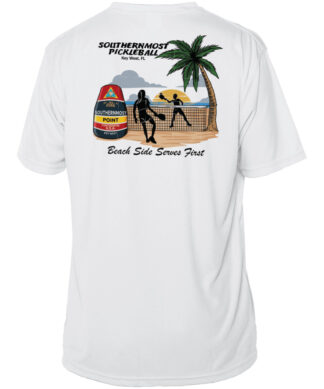 White pickleball shirt with Southernmost Pickleball design and UPF 50+ protection.