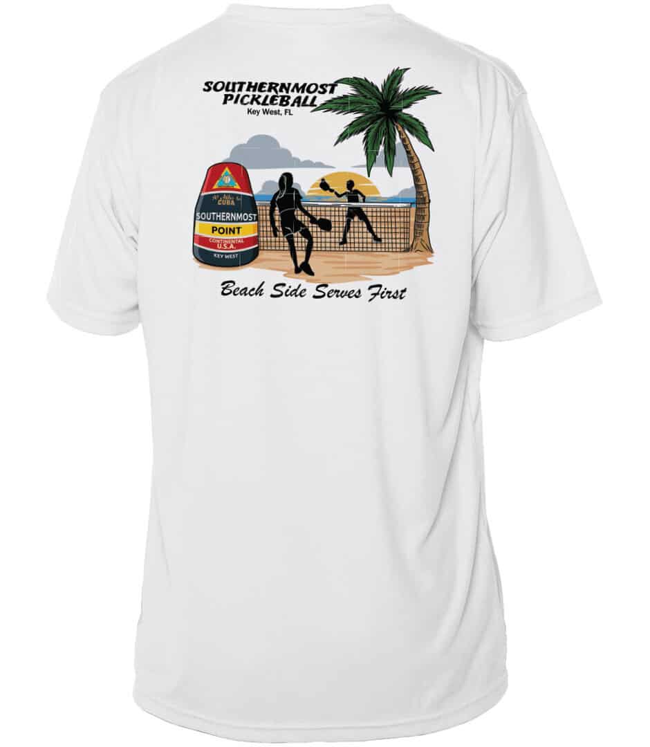 White pickleball shirt with Southernmost Pickleball design and UPF 50+ protection.