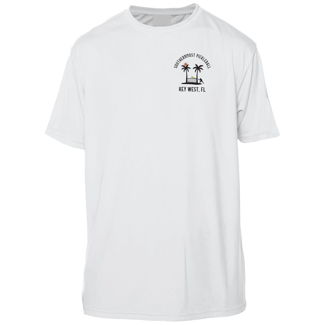 White Key West sun shirt with palm trees and sunset graphic.