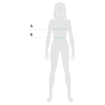Body outline showing where to measure: A chest, B waist