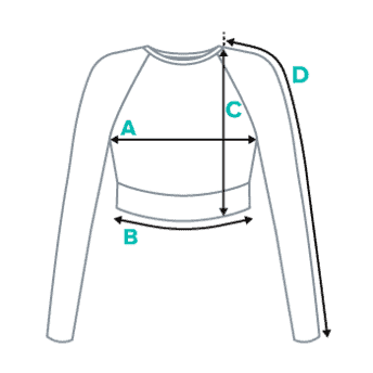 Crop top laid flat showing measurements: A chest width, B hem width, C length, D sleeve length