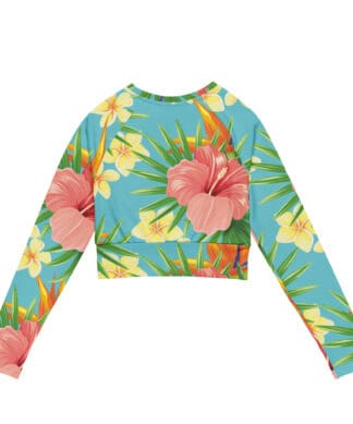 Vibrant tropical floral long-sleeve crop top with UPF 50+ sun protection, perfect for beach days and.