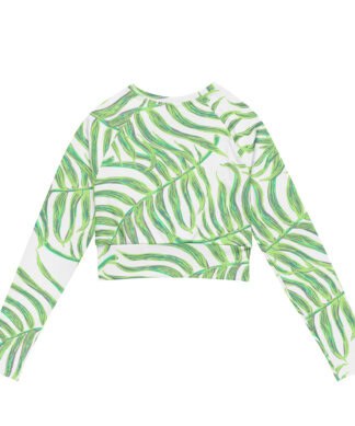 Tropical fern print UPF 50+ recycled long-sleeve crop top, perfect for sun protection and beachwear.