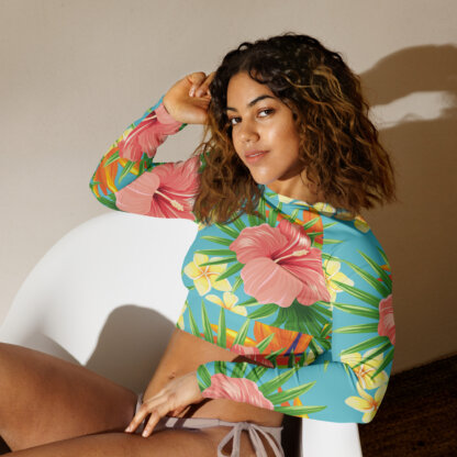 Key West Sun Shirts – Tropical Flowers – UPF 50+ Recycled Long-Sleeve Crop Top - Image 2