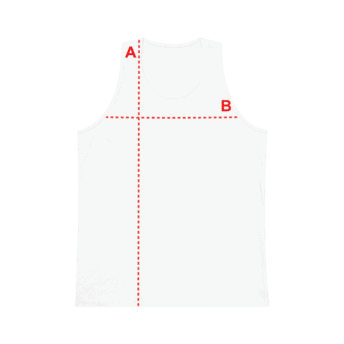 Tank top laid flat showing measurements: A length from shoulder to hem, B chest width