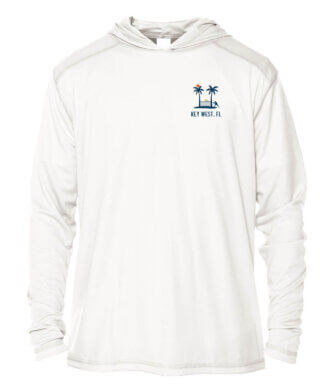 UPF 50+ hoodie featuring Key West pickleball logo, perfect for sun protection and active outdoor pla.