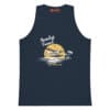 Seaplane graphic on navy tank top with sunset and palm tree, perfect for Key West vacation wear.