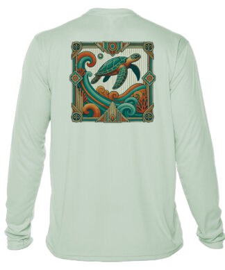 Turtle Tide UPF 50+ long sleeve sun shirt with sea turtle design, perfect for sun protection and bea.