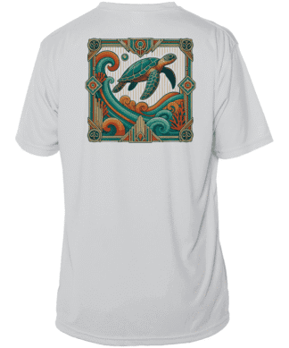 White Key West Sun Shirt with Turtle Tide design, UPF 50+ short sleeve, Pearl Grey, XS.