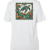 White sun shirt featuring a colorful turtle and ocean wave design, UPF 50+ protection.