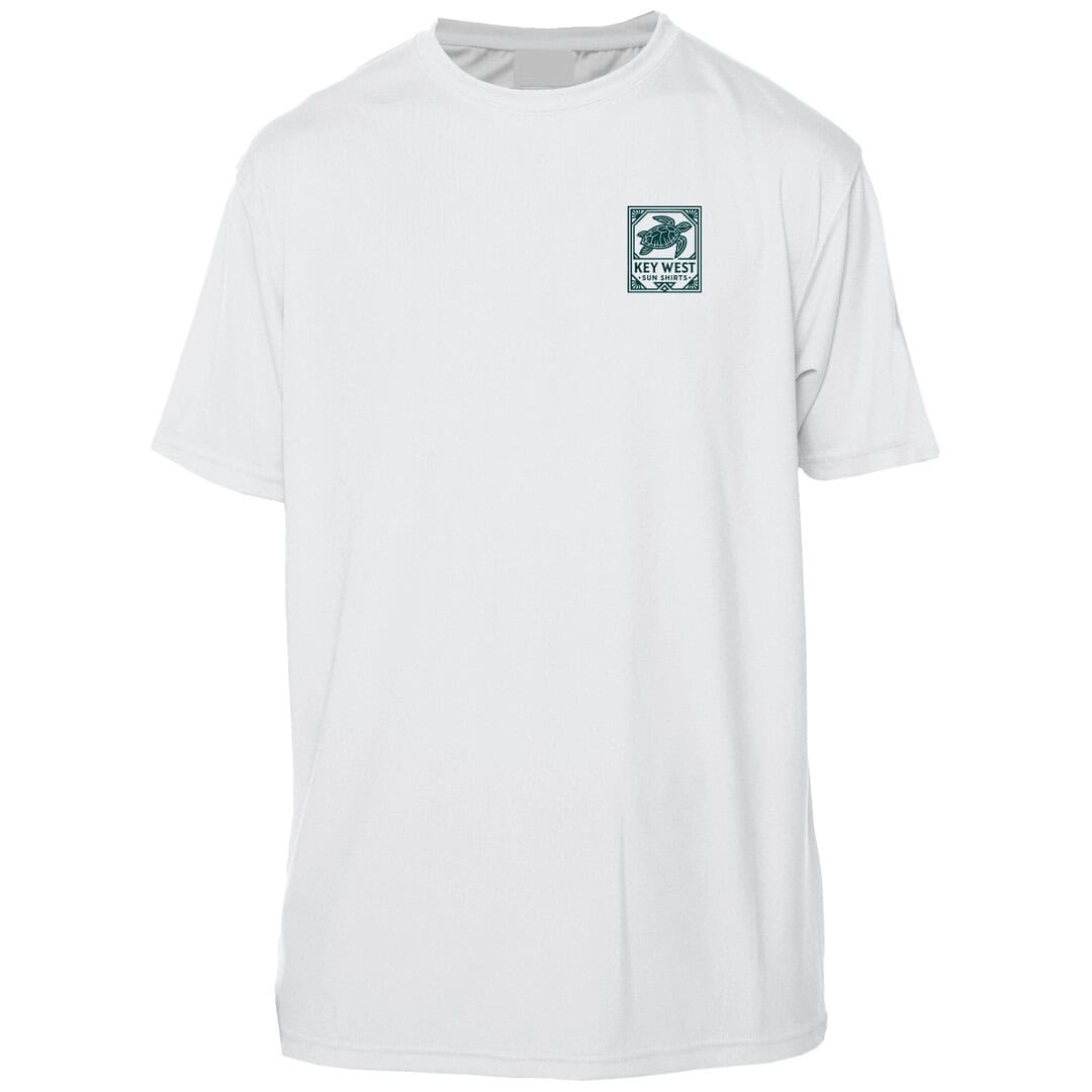 White T-shirt with Key West Sun Shirts logo on chest, casual summer wear.