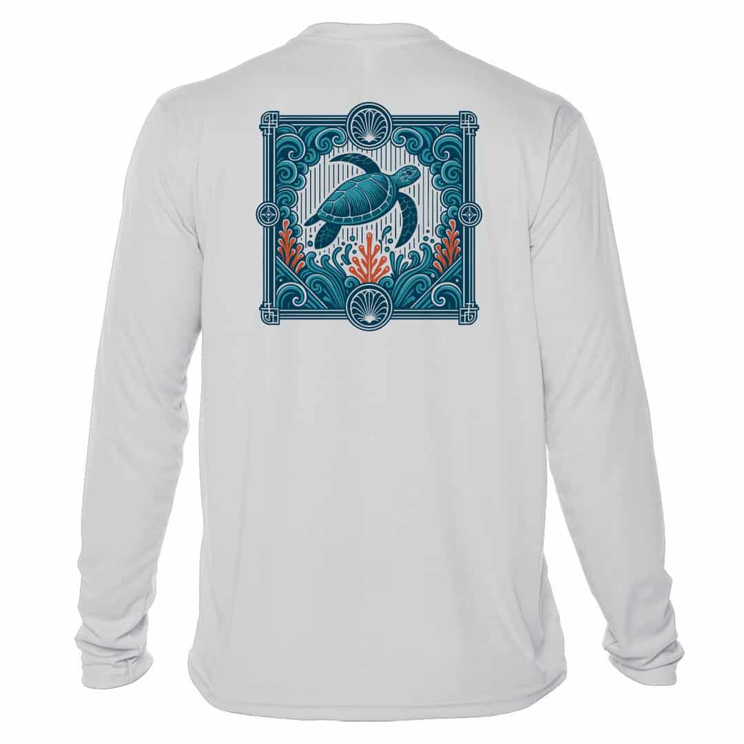 Sea turtle design on white UPF 50+ sun shirt, perfect for beach and outdoor activities.
